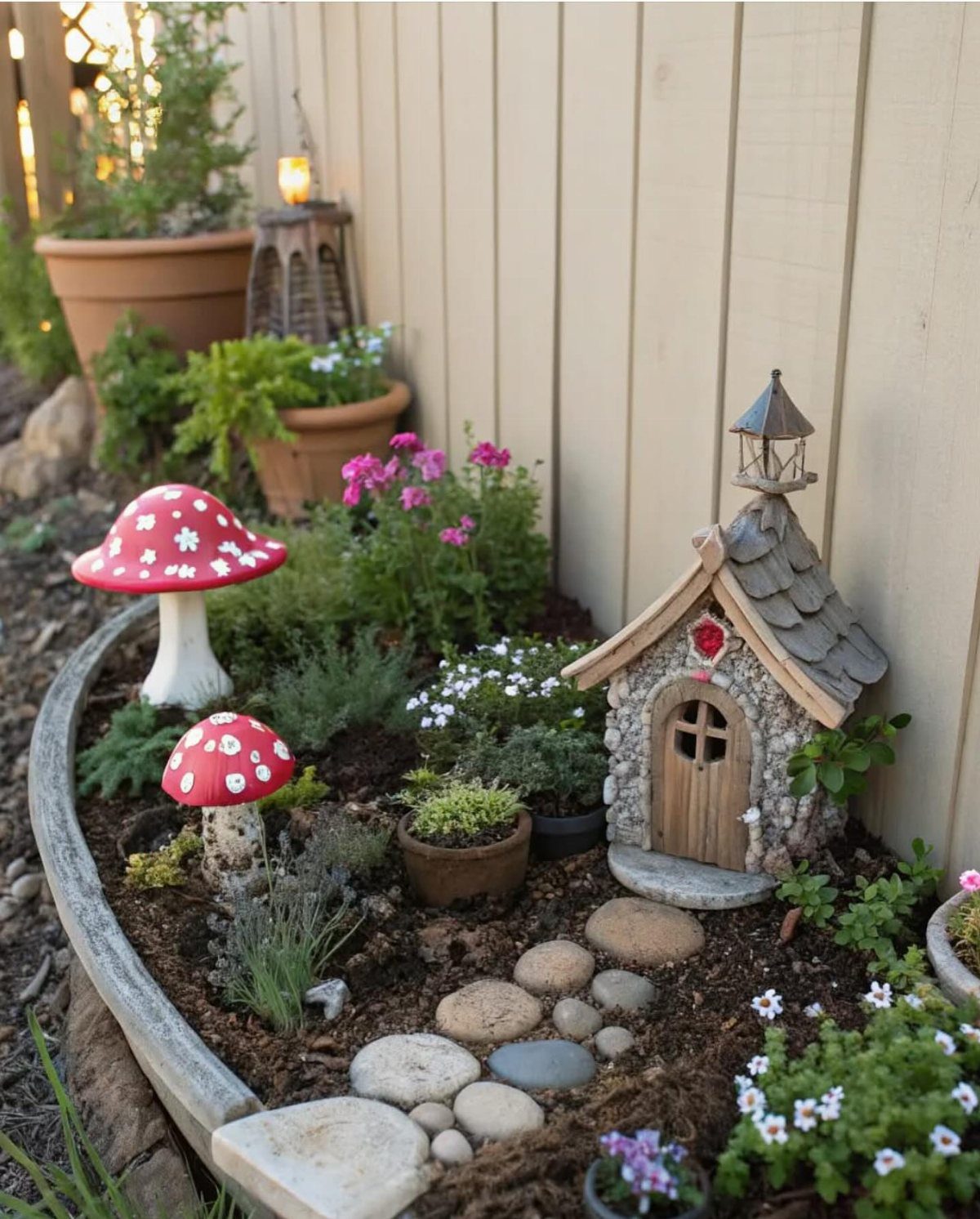 19 Small Garden Design Ideas with Built-In Planning Tips 19 A miniature fairy house with a pebble path and mushroom figurines in a small garden bed.