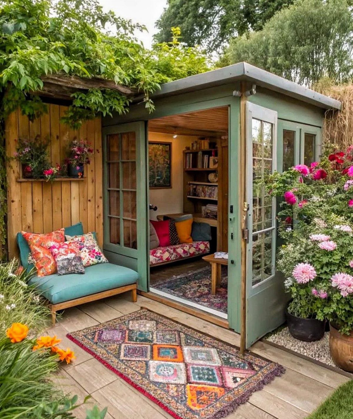 19 Small Garden Design Ideas with Built-In Planning Tips 4 Green garden studio with open doors revealing a cozy interior lounge and colorful outdoor seating area.