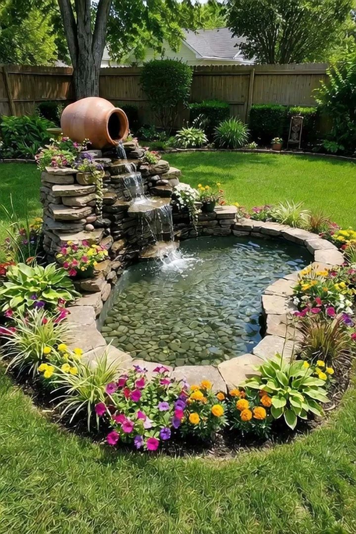 19 Small Garden Design Ideas with Built-In Planning Tips 14 A stone waterfall feature pouring water from a terracotta pot into a small garden pond.