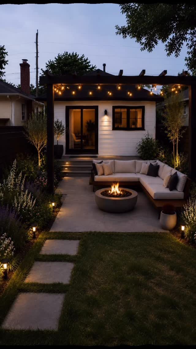 19 Small Garden Design Ideas with Built-In Planning Tips 9 Modern backyard with a lounge area, fire pit, and stepping stones leading to a lawn.