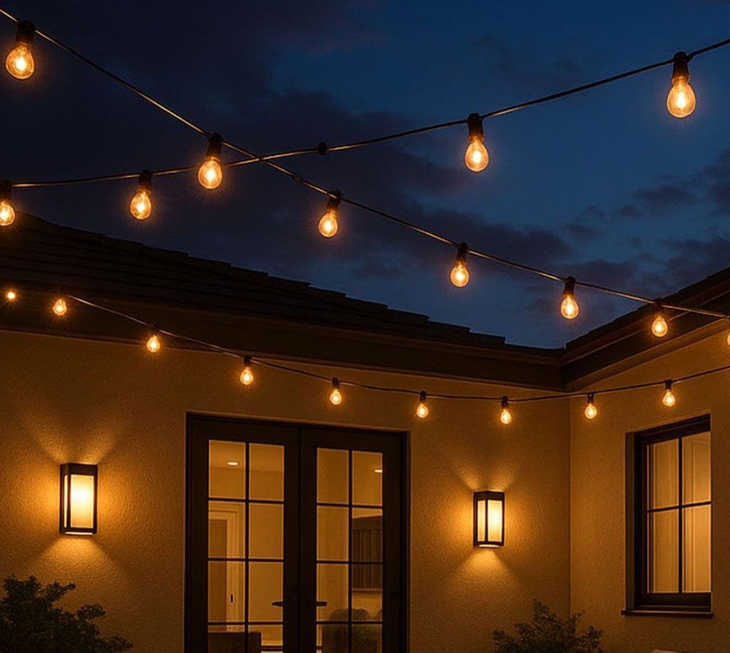 19 Small Garden Design Ideas with Built-In Planning Tips 2 Warm glowing string lights hanging across a dark blue twilight sky above a house.