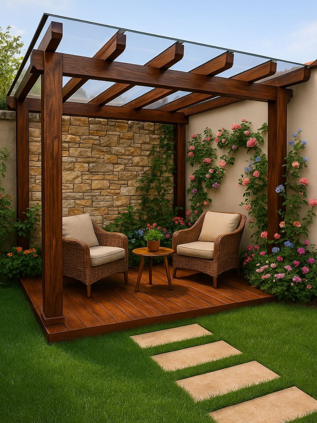 19 Small Garden Design Ideas with Built-In Planning Tips 10 Wooden pergola with glass roof sheltering a seating area on a small garden deck.