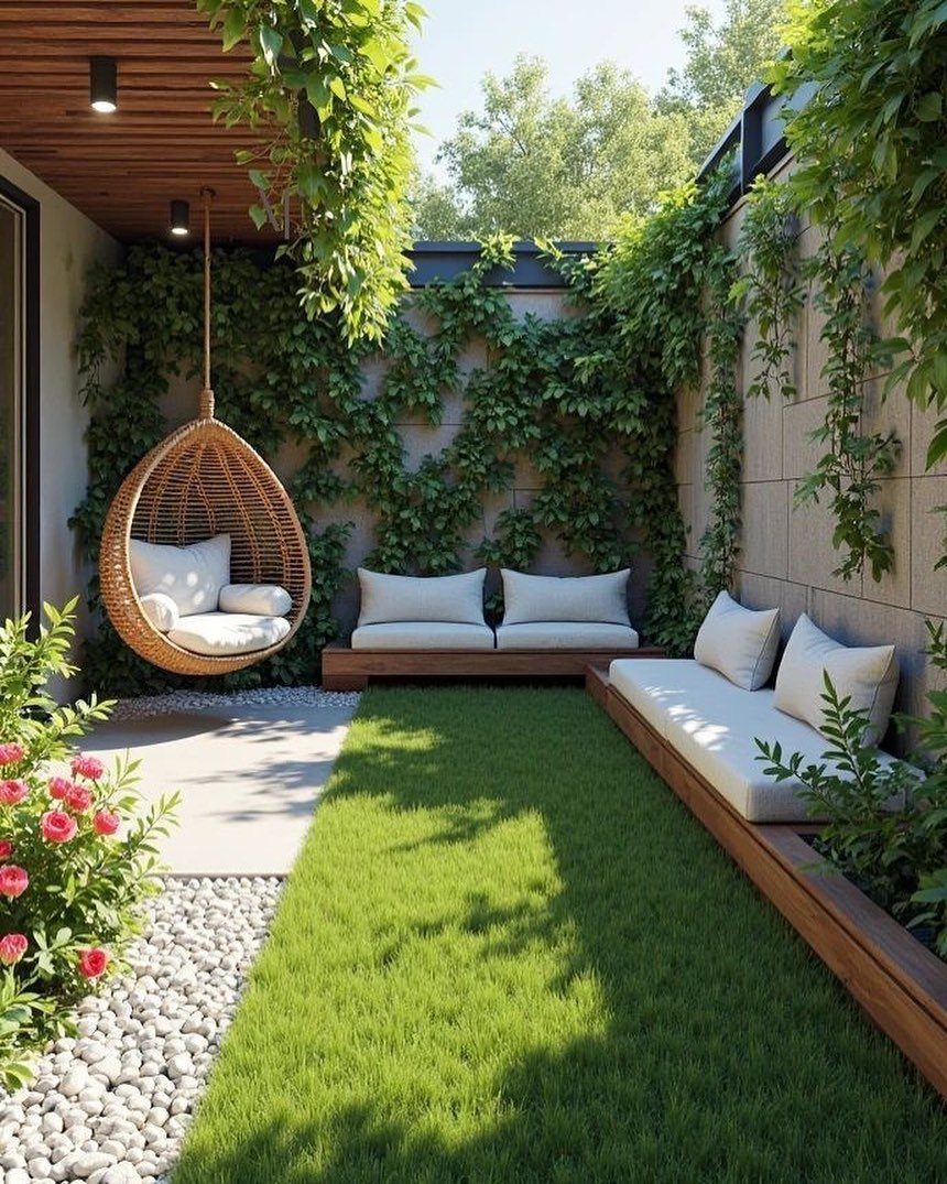 19 Small Garden Design Ideas with Built-In Planning Tips 1 A cozy courtyard garden with climbing vines on walls, a hanging egg chair, and built-in seating.