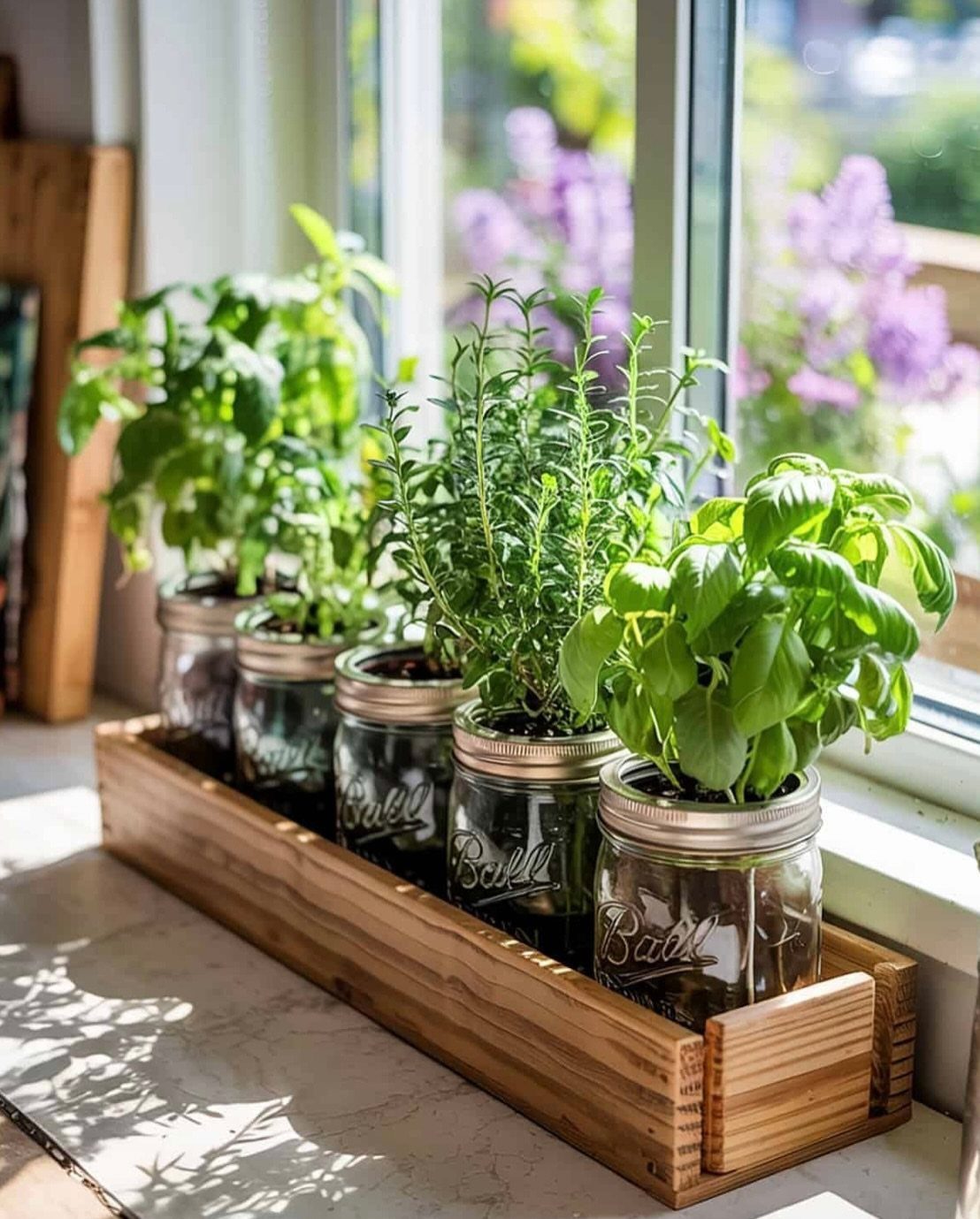 8 Small Kitchen Herb Garden Ideas for Counters, Windows & Walls 6 Green herbs in mason jars arranged inside a wooden crate on a sunny windowsill.