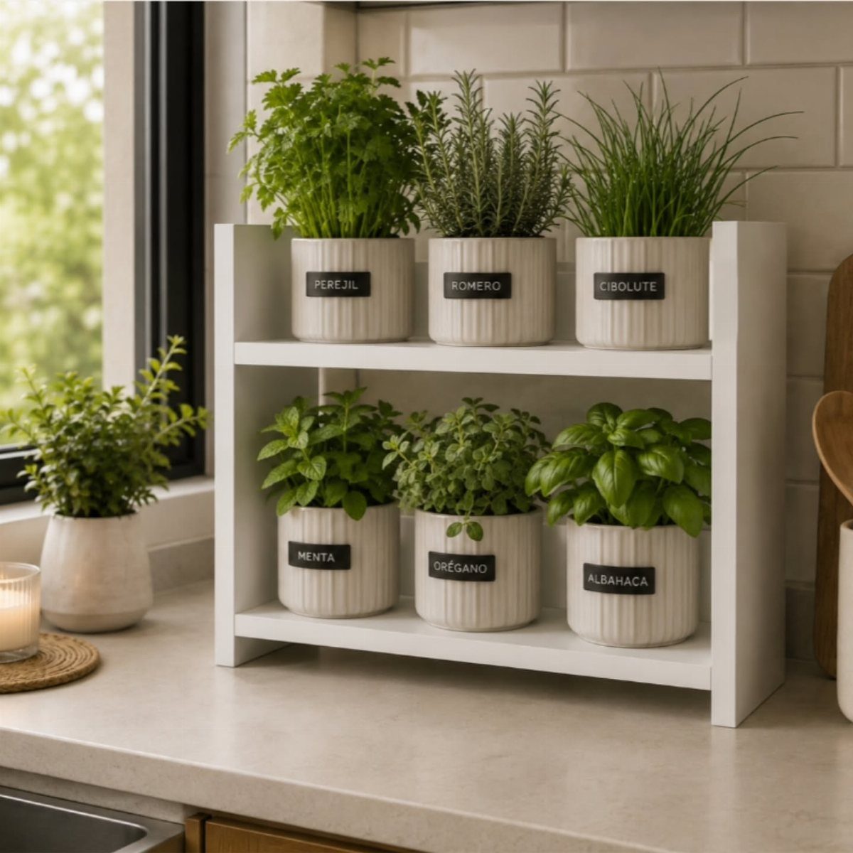 8 Small Kitchen Herb Garden Ideas for Counters, Windows & Walls 3 Six identical white ribbed herb pots arranged on a two-tier white wooden shelf in a kitchen.