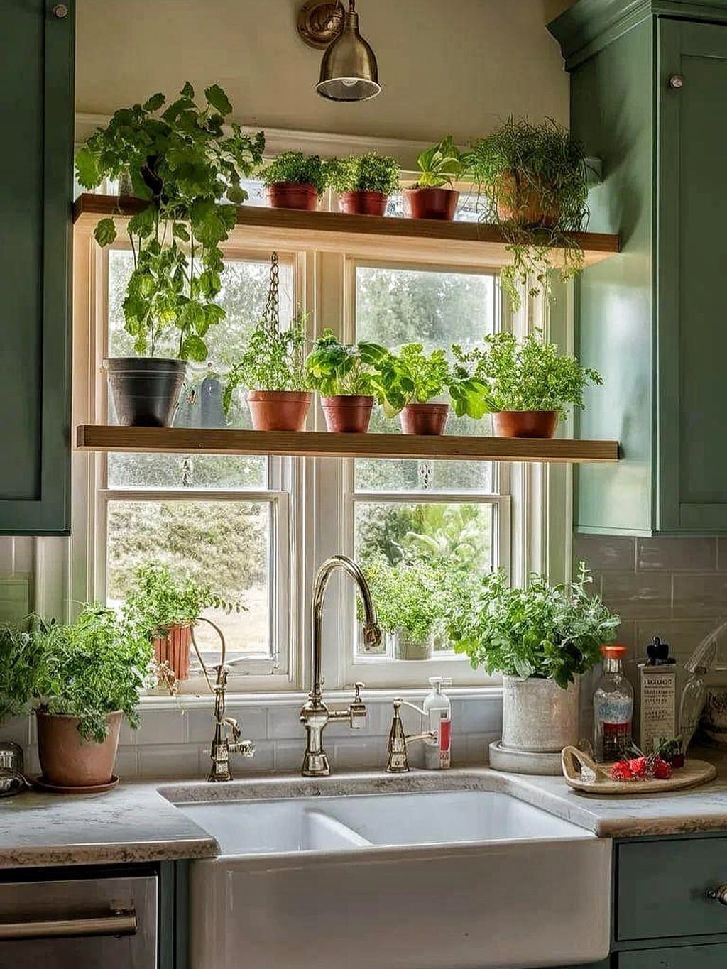 8 Small Kitchen Herb Garden Ideas for Counters, Windows & Walls 5 Green potted plants arranged on wooden shelves in front of a bright kitchen window.