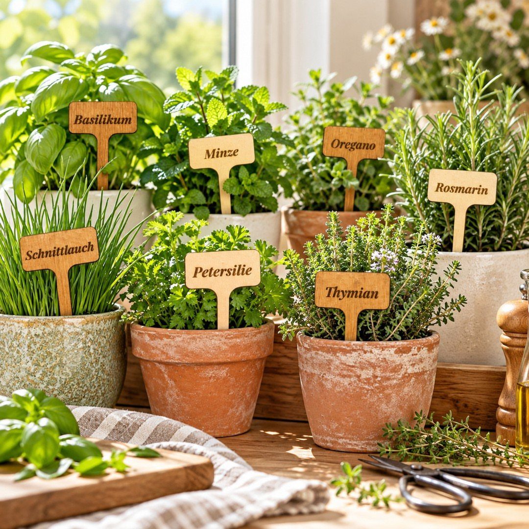8 Small Kitchen Herb Garden Ideas for Counters, Windows & Walls 8 Various potted green herbs with wooden name labels arranged on a sunny wooden windowsill.
