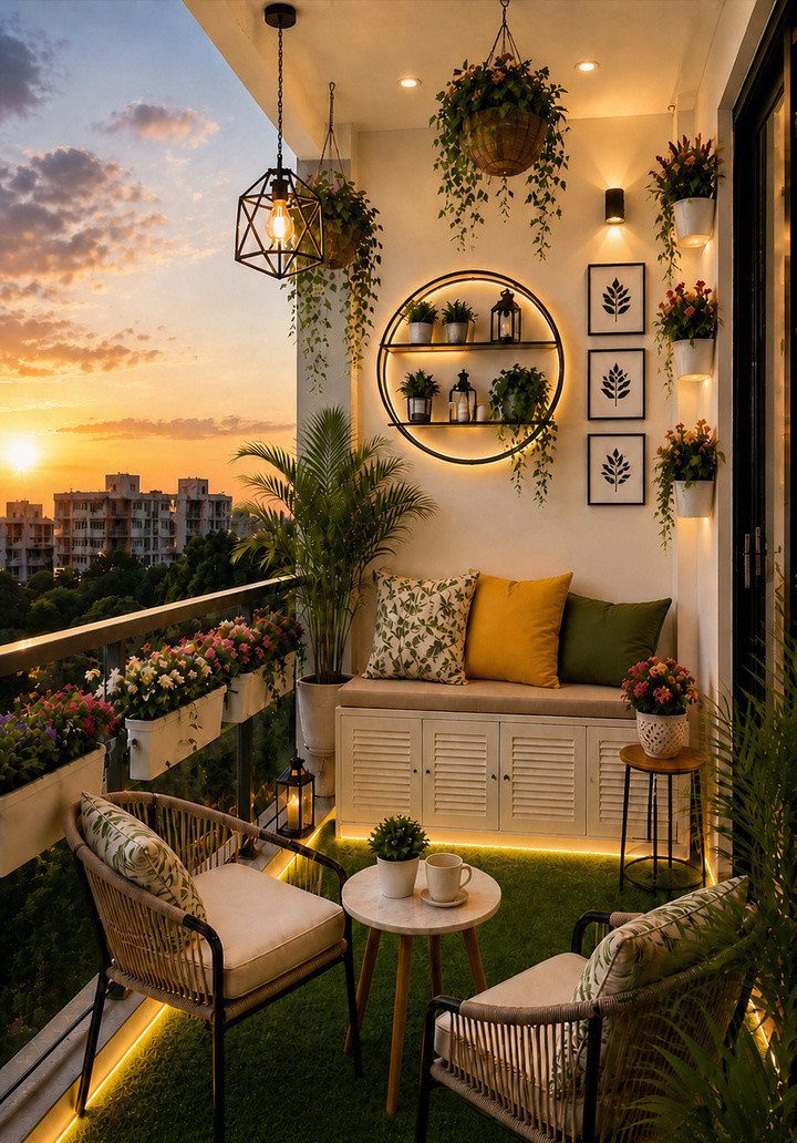 12 Tiny Garden Ideas for Patios, Balconies and Small Yards 9 A cozy balcony seating area with cushions, wicker chairs, and many green plants at sunset.