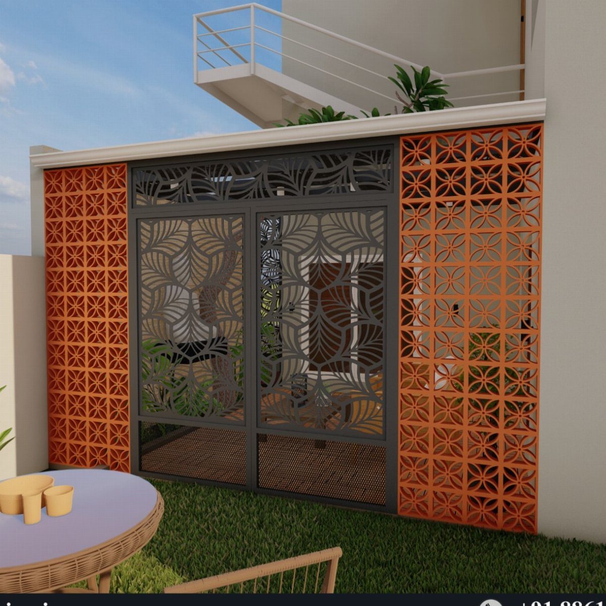 12 Tiny Garden Ideas for Patios, Balconies and Small Yards 7 Decorative geometric privacy screens standing on a green lawn in front of a modern house.
