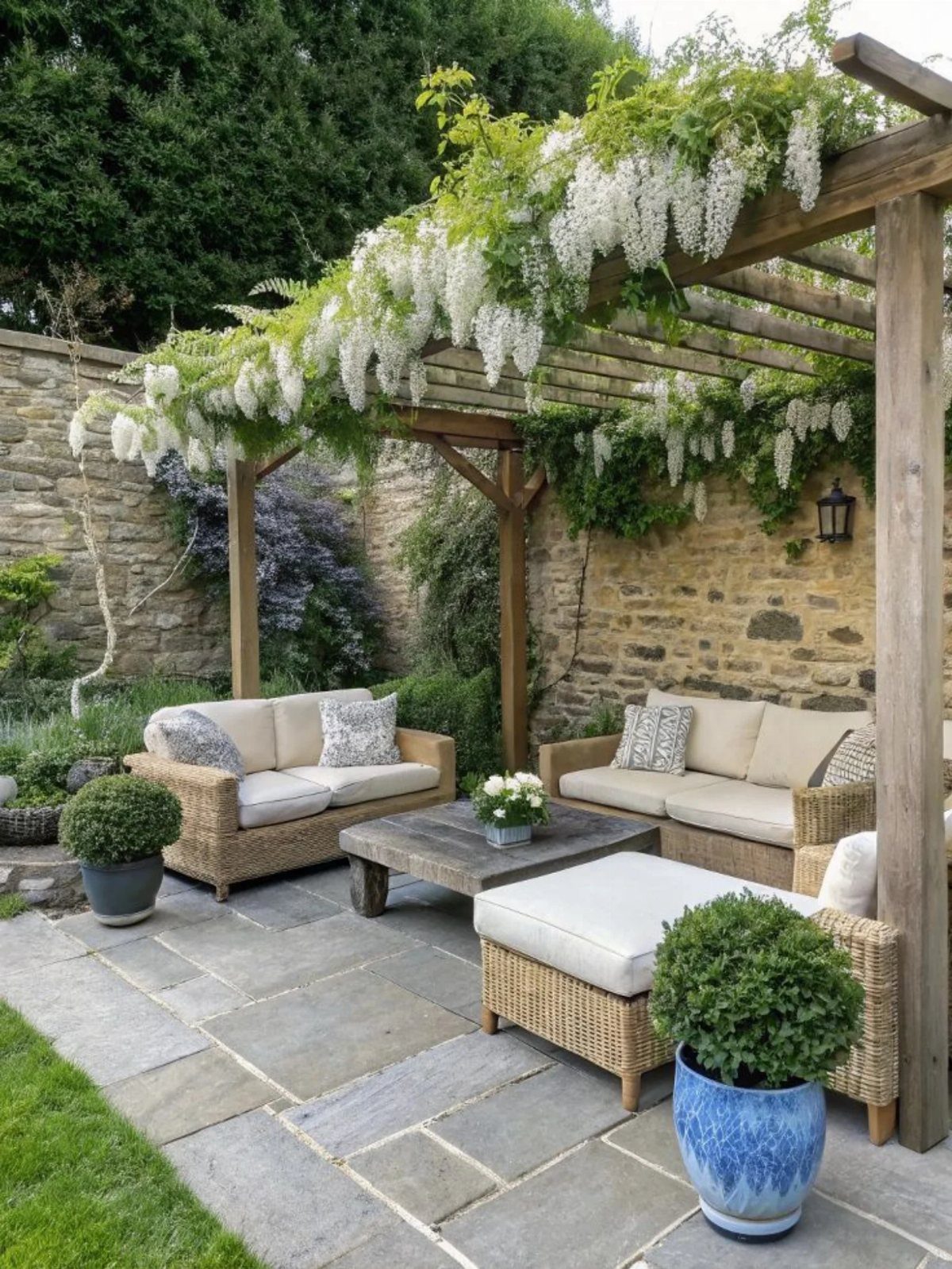 12 Tiny Garden Ideas for Patios, Balconies and Small Yards 12 Wicker patio furniture arranged under a wooden pergola covered in blooming white wisteria flowers.