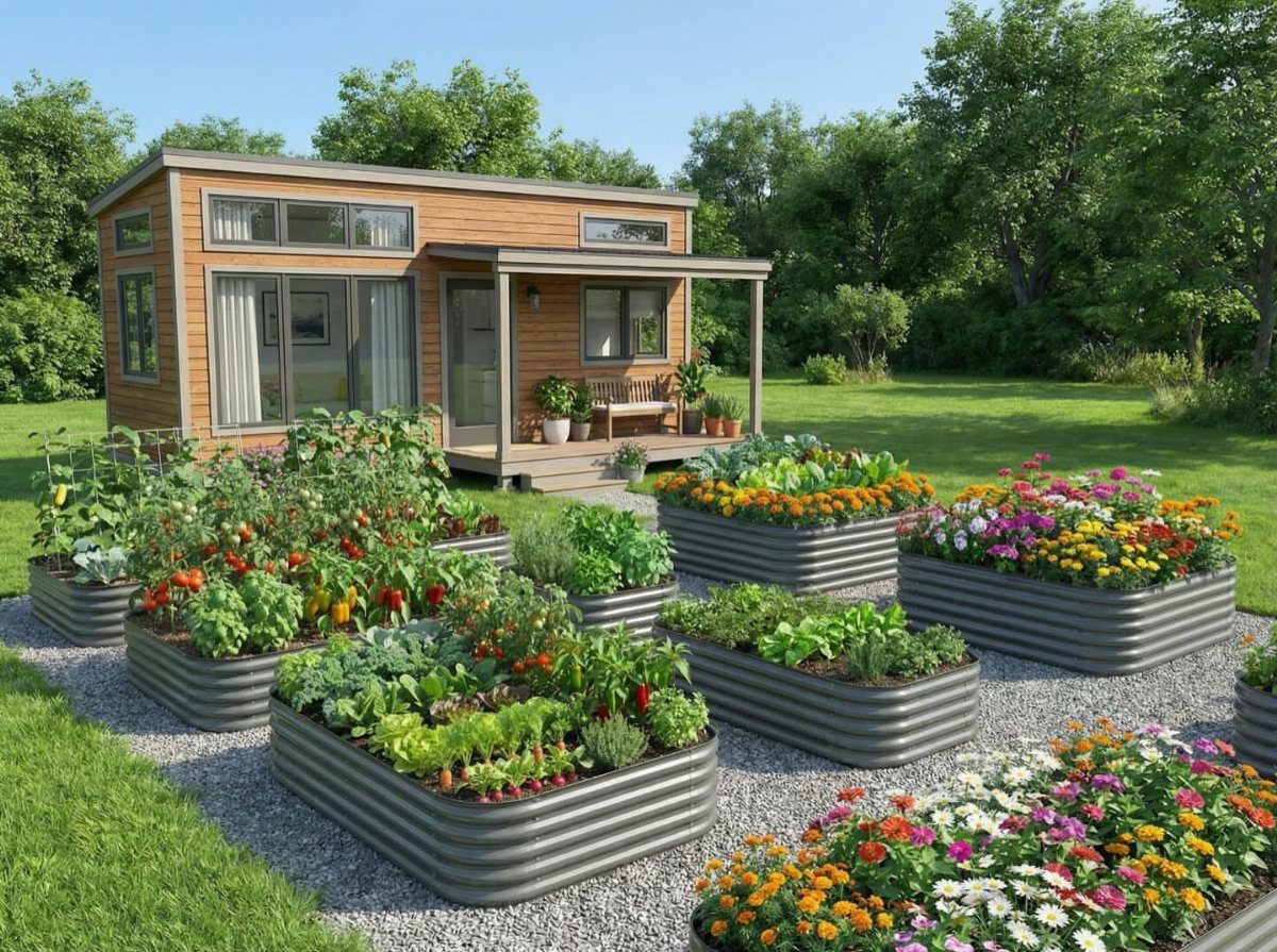 12 Tiny Garden Ideas for Patios, Balconies and Small Yards 3 Grey metal raised garden beds filled with vegetables and colorful flowers in a grassy yard.