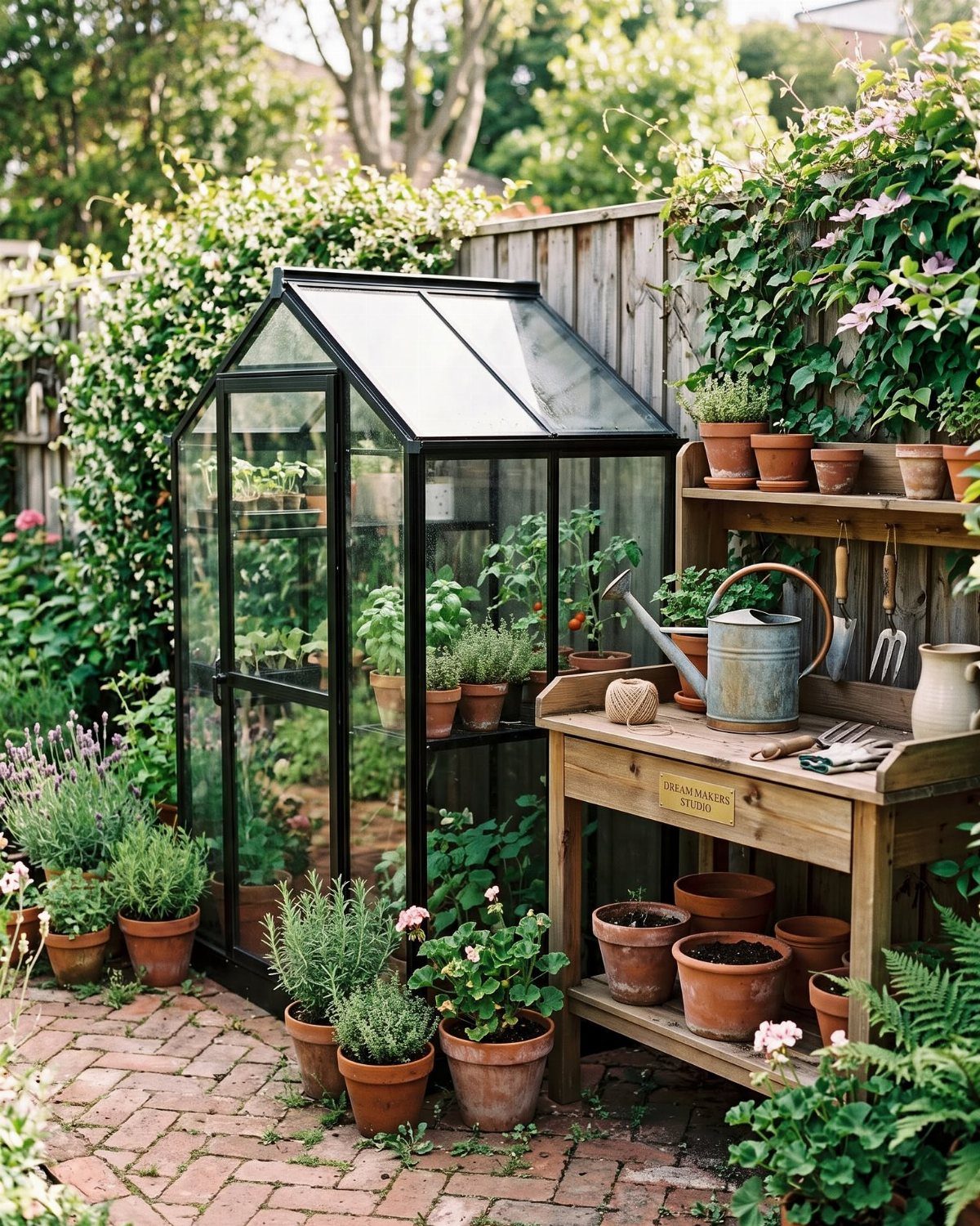 12 Tiny Garden Ideas for Patios, Balconies and Small Yards 10 A black glass greenhouse surrounded by lush greenery and terracotta pots on a brick patio.