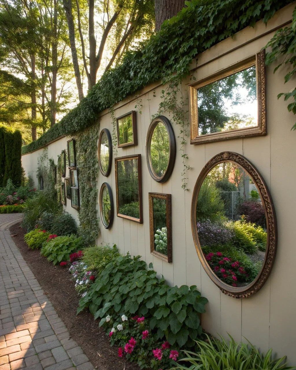 12 Tiny Garden Ideas for Patios, Balconies and Small Yards 6 Ornate gold-framed mirrors mounted on a garden wall surrounded by lush green plants and ivy.