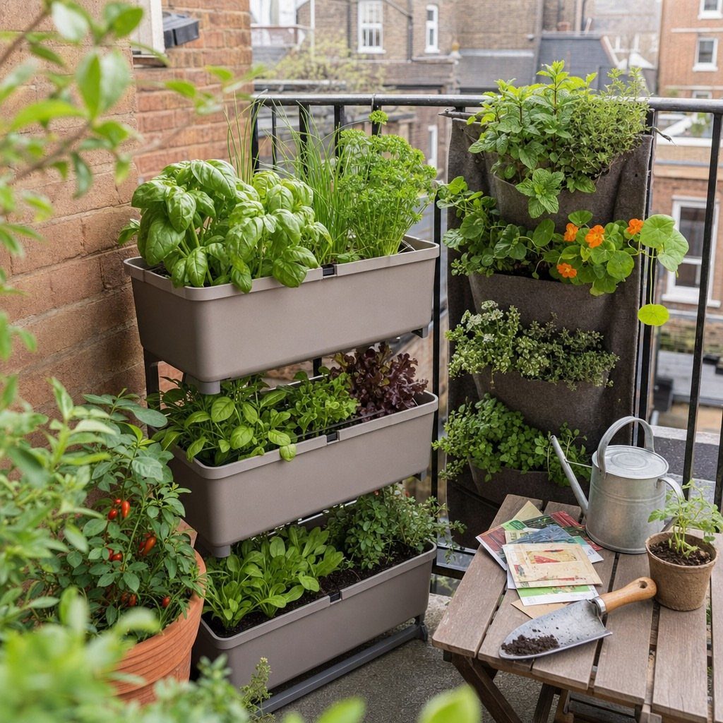 12 Tiny Garden Ideas for Patios, Balconies and Small Yards 1 Green herbs and plants growing in stacked grey planters and a vertical fabric pocket planter on a balcony.