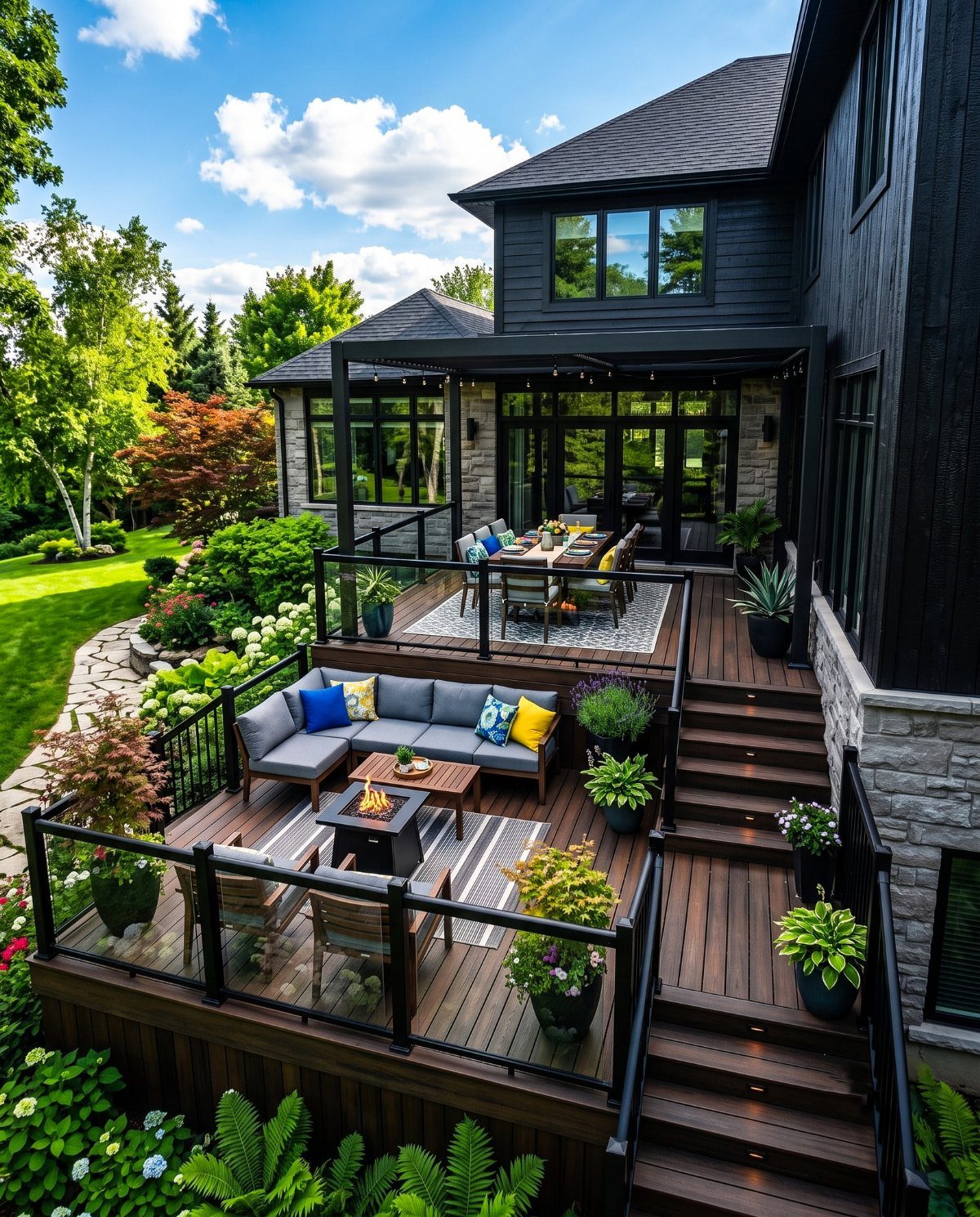 12 Trex Deck Floor Designs for Picture Frames to Herringbone 9 Multi-level dark wood deck with black railings and outdoor furniture attached to a modern black house.