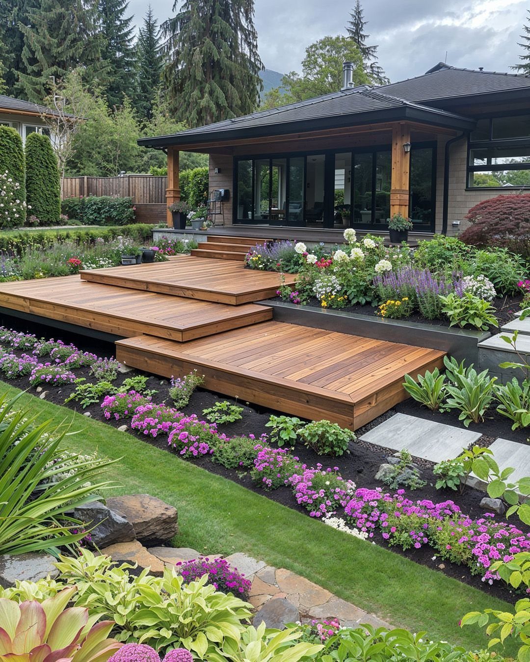 12 Trex Deck Floor Designs for Picture Frames to Herringbone 6 Multi-level wooden deck platforms with staggered heights integrated into a lush garden landscape.