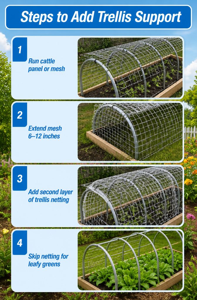 How to Build a Vegetable Garden Tunnel: 7 Steps from Beds to Cover 5 Steps for adding trellis support over garden tunnel hoops.