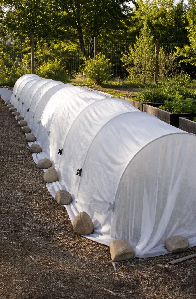 How to Build a Vegetable Garden Tunnel: 7 Steps from Beds to Cover 7 Frost cloth draped over hoops, secured with clamps and stones.