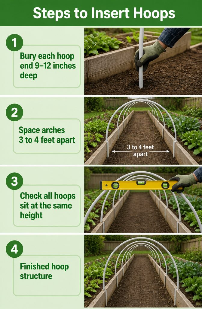 How to Build a Vegetable Garden Tunnel: 7 Steps from Beds to Cover 4 Steps showing how to insert hoops into garden beds.