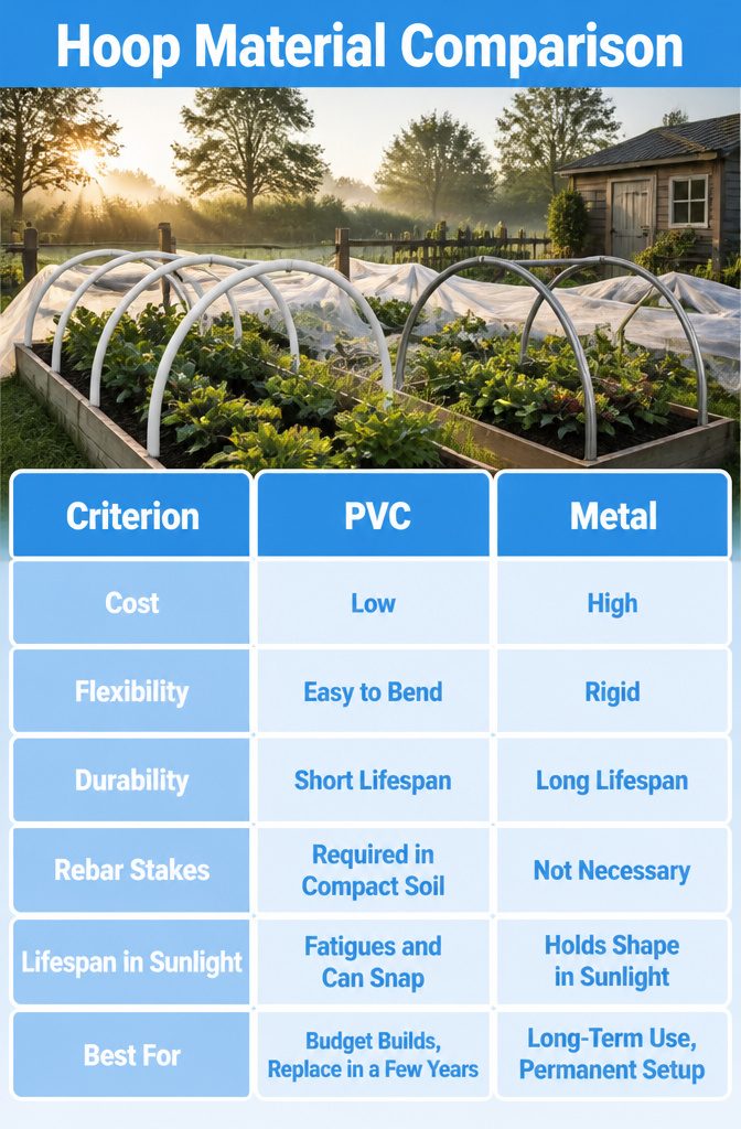 How to Build a Vegetable Garden Tunnel: 7 Steps from Beds to Cover 2 An information image comparing different hoop materials for garden tunnels.