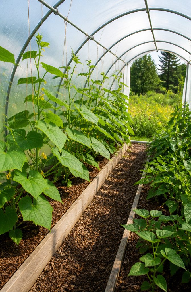 How to Build a Vegetable Garden Tunnel: 7 Steps from Beds to Cover 6 Healthy cucumber plants growing towards the garden tunnel hoops.