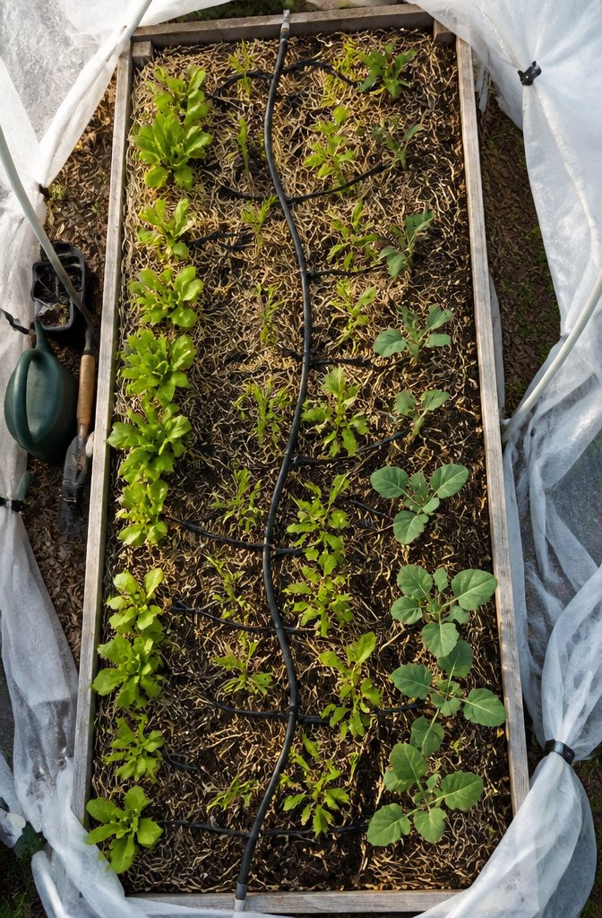 How to Build a Vegetable Garden Tunnel: 7 Steps from Beds to Cover 8 Drip irrigation lines installed in a vegetable garden tunnel.