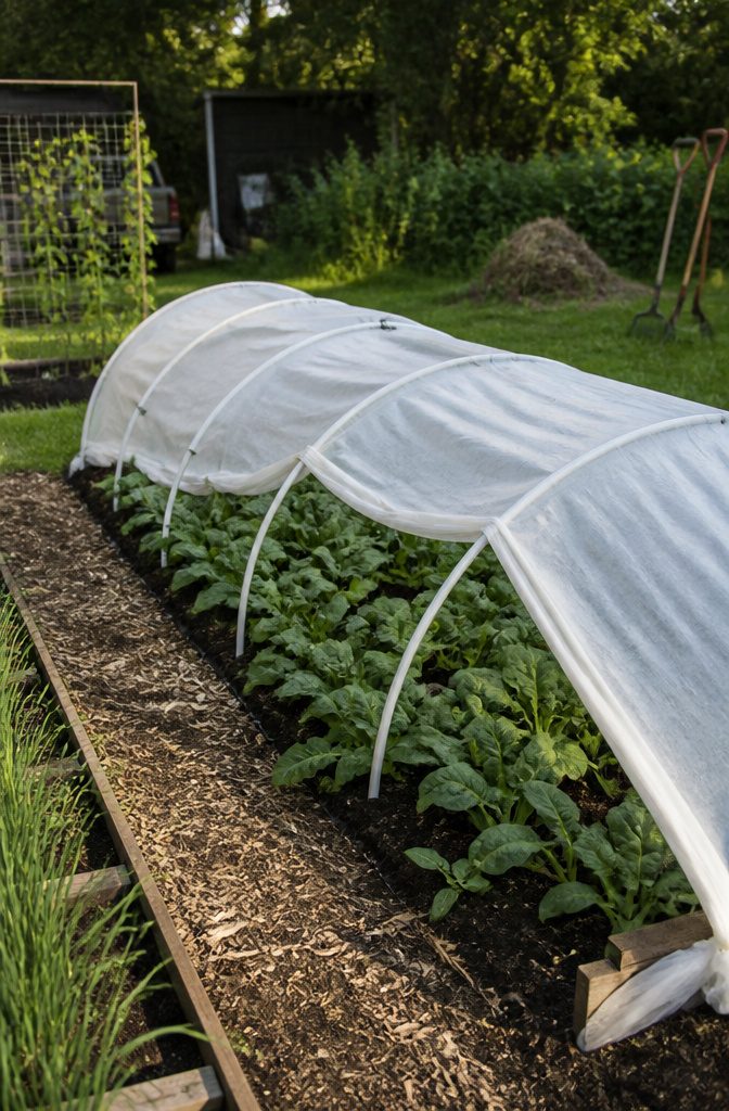 How to Build a Vegetable Garden Tunnel: 7 Steps from Beds to Cover 1 A garden tunnel with PVC hoops and green plants under frost cloth.