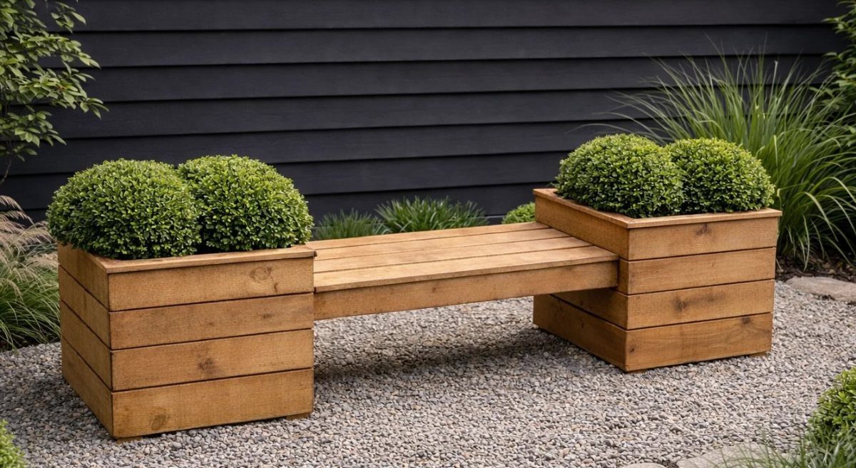 Wood Planter Box: 11 Ideas from Scrap Builds to Built-In Benches 8 Wooden bench with built-in planter boxes containing green shrubs on a gravel patio.