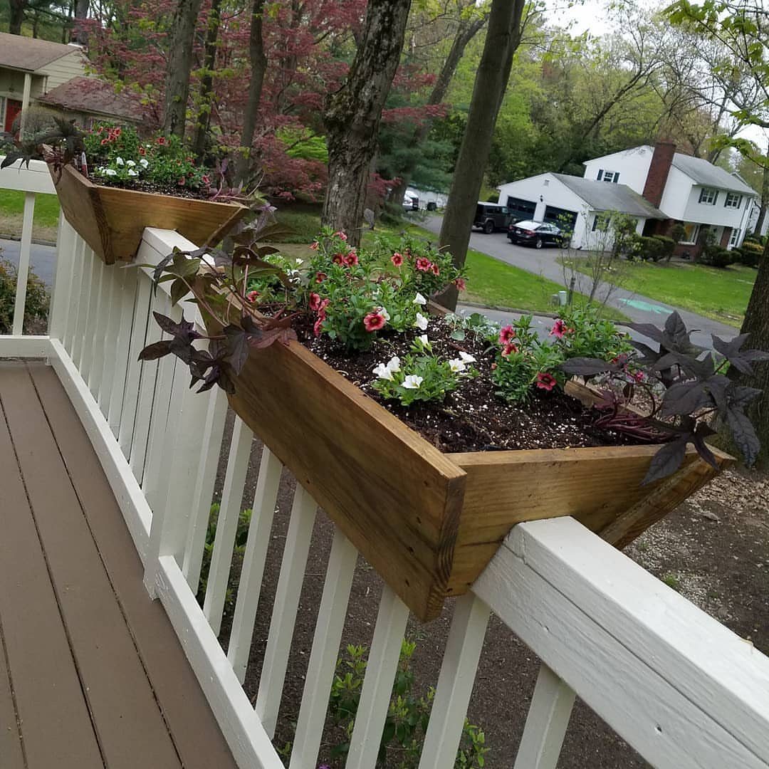 Wood Planter Box: 11 Ideas from Scrap Builds to Built-In Benches 3 Wooden planter boxes with colorful flowers mounted on a white deck railing overlooking a residential street.