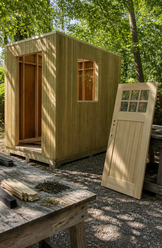 How to Build a Wooden Shed: 7 Steps from Foundation to Finish 6 A pre-hung door and window positioned for installation in a wooden shed.