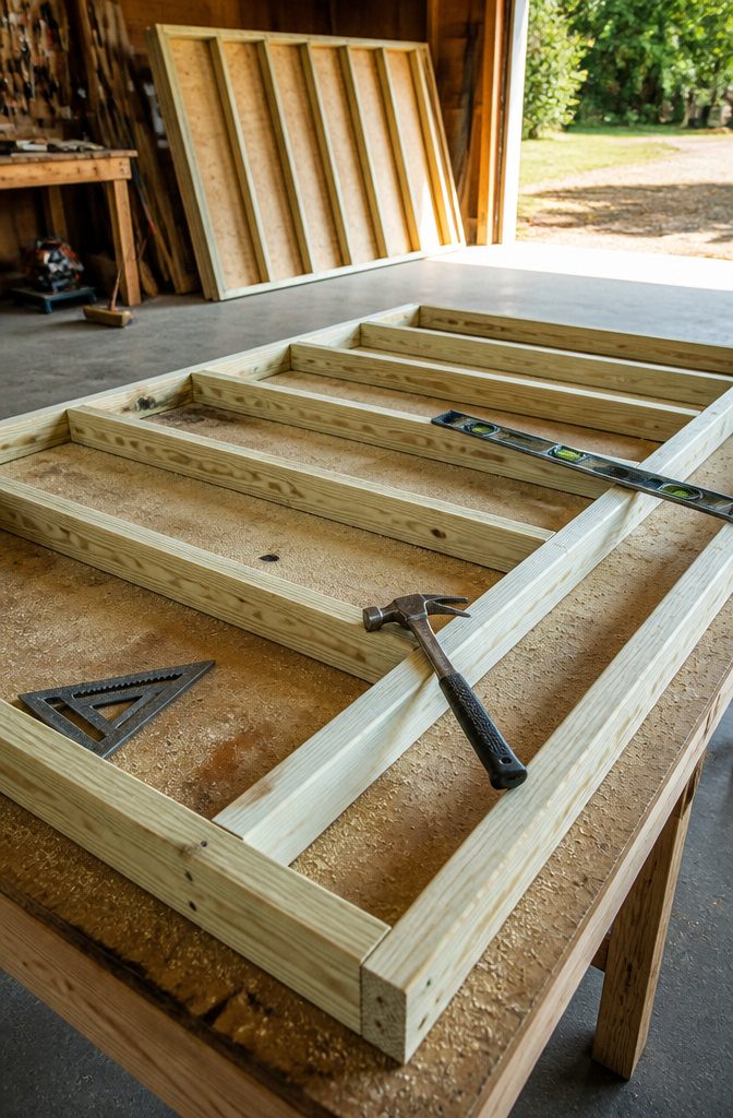 How to Build a Wooden Shed: 7 Steps from Foundation to Finish 4 Constructed wall frames laid flat, ready to be raised for the shed.