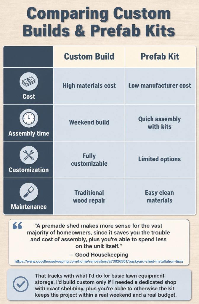 How to Build a Wooden Shed: 7 Steps from Foundation to Finish 10 A table comparing features of custom builds and prefab kits for sheds.