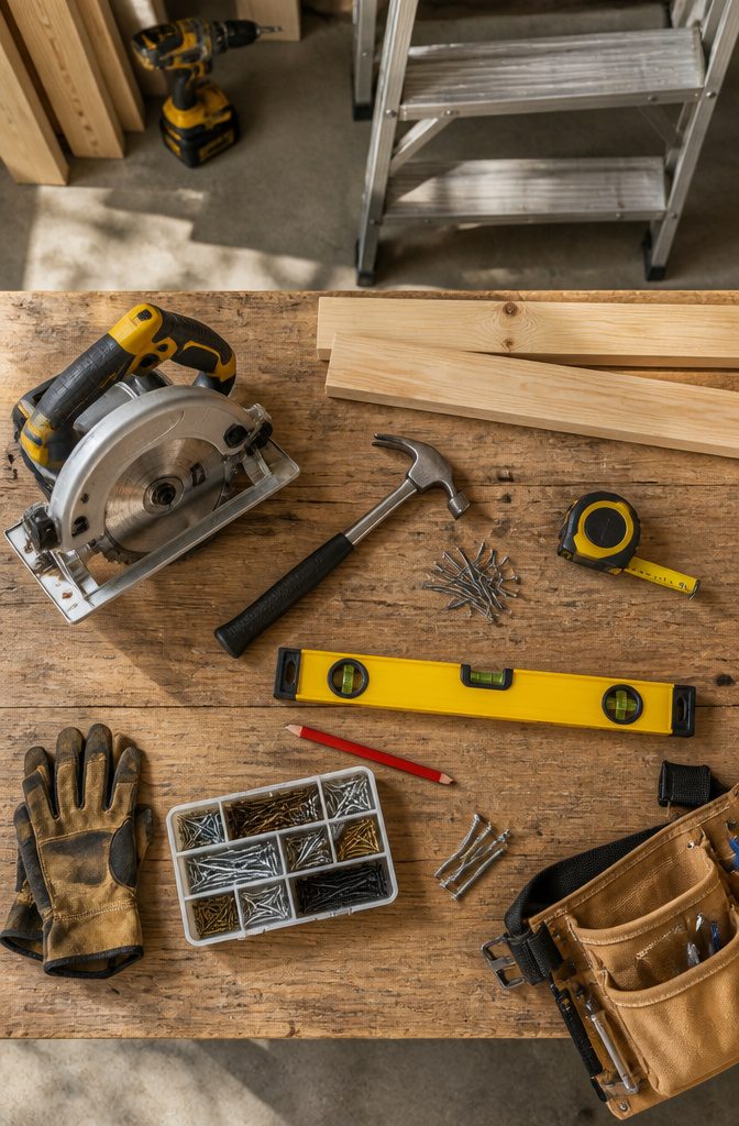How to Build a Wooden Shed: 7 Steps from Foundation to Finish 9 A circular saw and other essential tools for wooden shed construction.