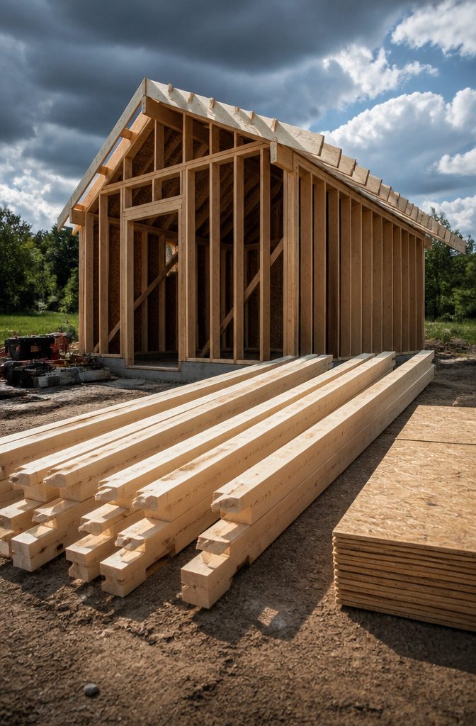 How to Build a Wooden Shed: 7 Steps from Foundation to Finish 5 Rafters attached to the top plates of a wooden shed under construction.