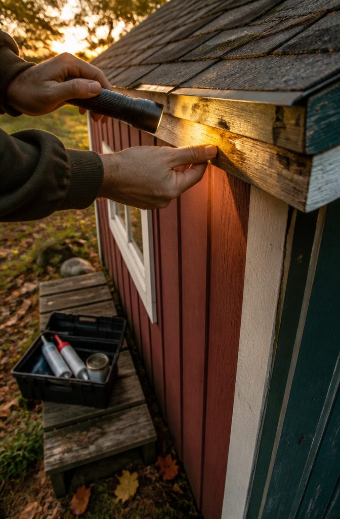 How to Build a Wooden Shed: 7 Steps from Foundation to Finish 12 Close-up of a person checking a wooden shed's roof for damage.